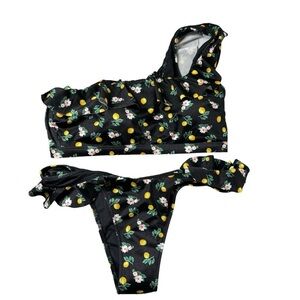 Victoria’s Secret Swim Ruffle Floral Lemon Black Bikini Set Medium